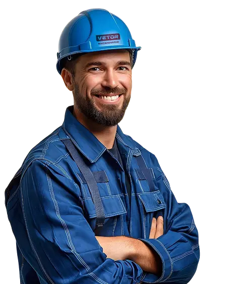 Profissional de capacete azul com o nome Vetor, de braços cruzados e sorrindo