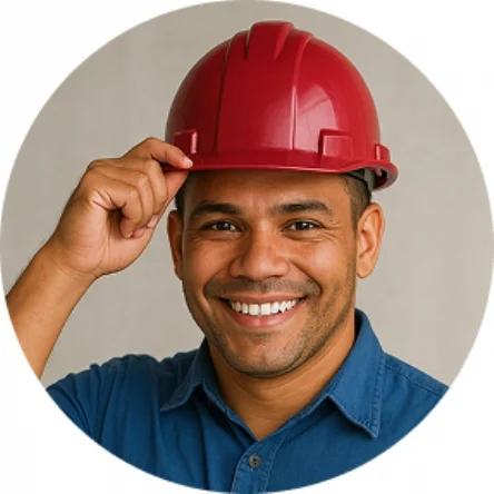 Profissional de capacete vermelho, sorrindo